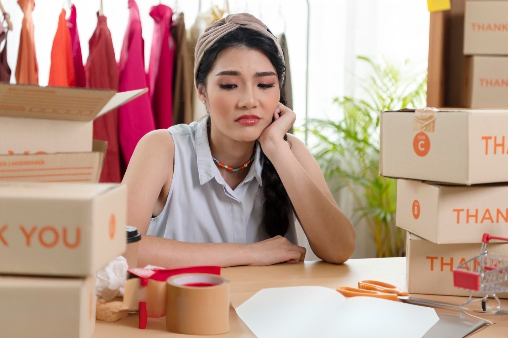 Seorang pemilik UMKM terlihat khawatir di tengah tumpukan kotak, menggambarkan kesalahan yang harus dihindari dalam bisnis digital.